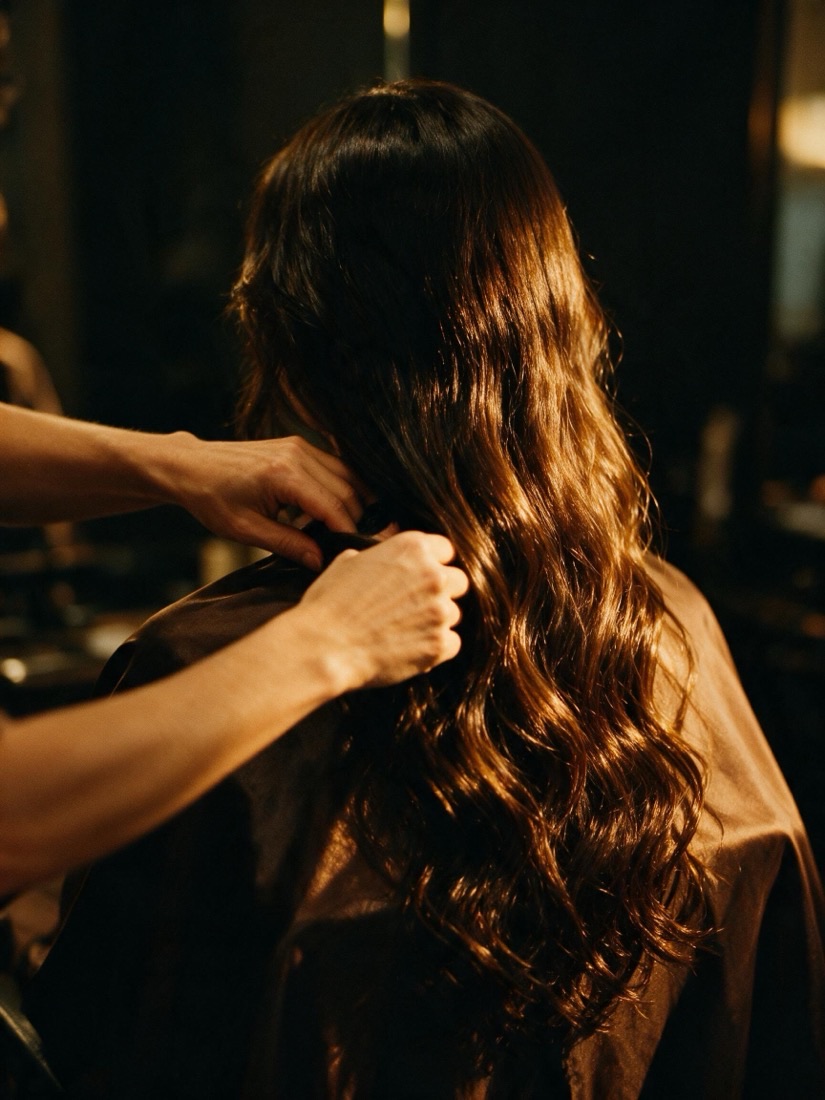 Mãos de um profissional a trabalhar o cabelo de uma cliente, vistas de trás